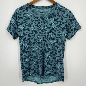 REI T-Shirt Women's Size M Blue Floral Round Neck Hiking Outdoors Short Sleeve
